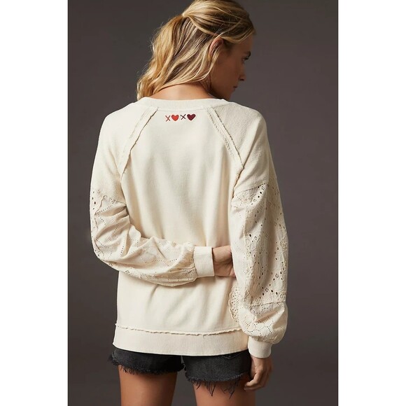 Anthropologie Pilcro Doily Sweatshirt Top Eyelet Embroidered Crochet S 281804 - Picture 2 of 10